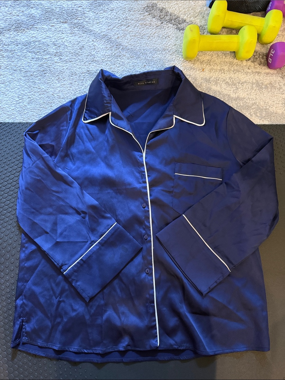 Silky Navy Blue Button-Down Shirt with Contrast Piping